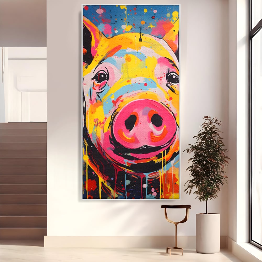 Tablou canvas cu tablou canvas portret de porc colorat, in rama de aluminiu argintiu